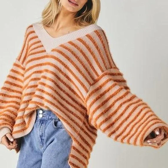 Cozy Striped V-Neck Sweater - Orange and Cream - Picture 1 of 4
